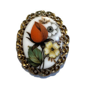 Mid century jewelry brooch ornate goldtone & painted ceramic floral pin vintage